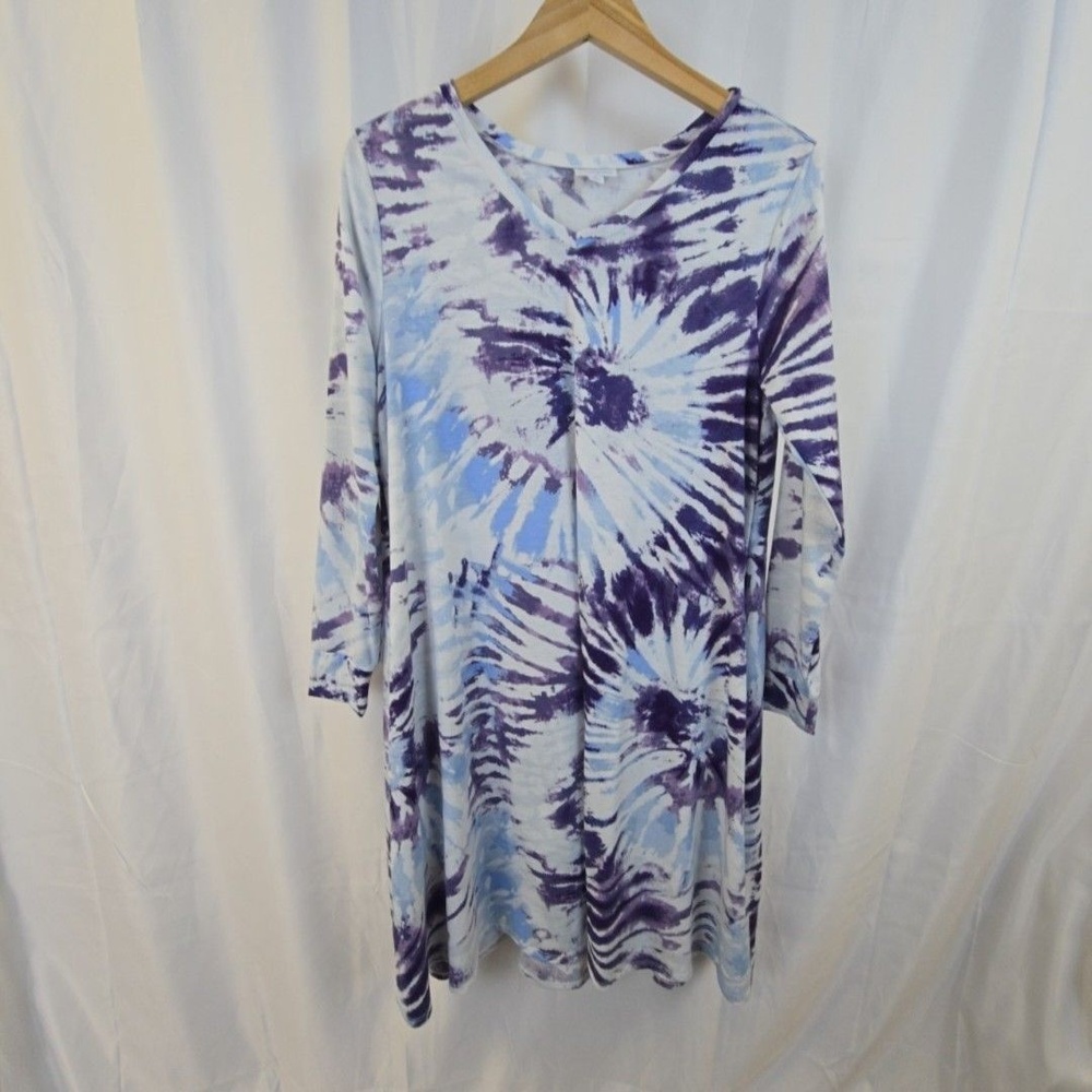 LuLaRoe Dress Womens L Blue Purple Tie Dye T Shirt Swing Long Sleeve Knee Length